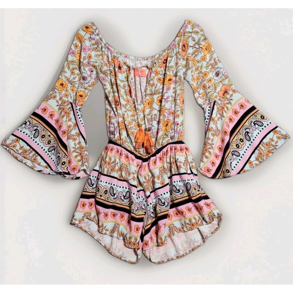 Maaji (Anthro) Calix Floral Off Shoulder Bell Sleeve Romper Tassel Tie Sz M Boho